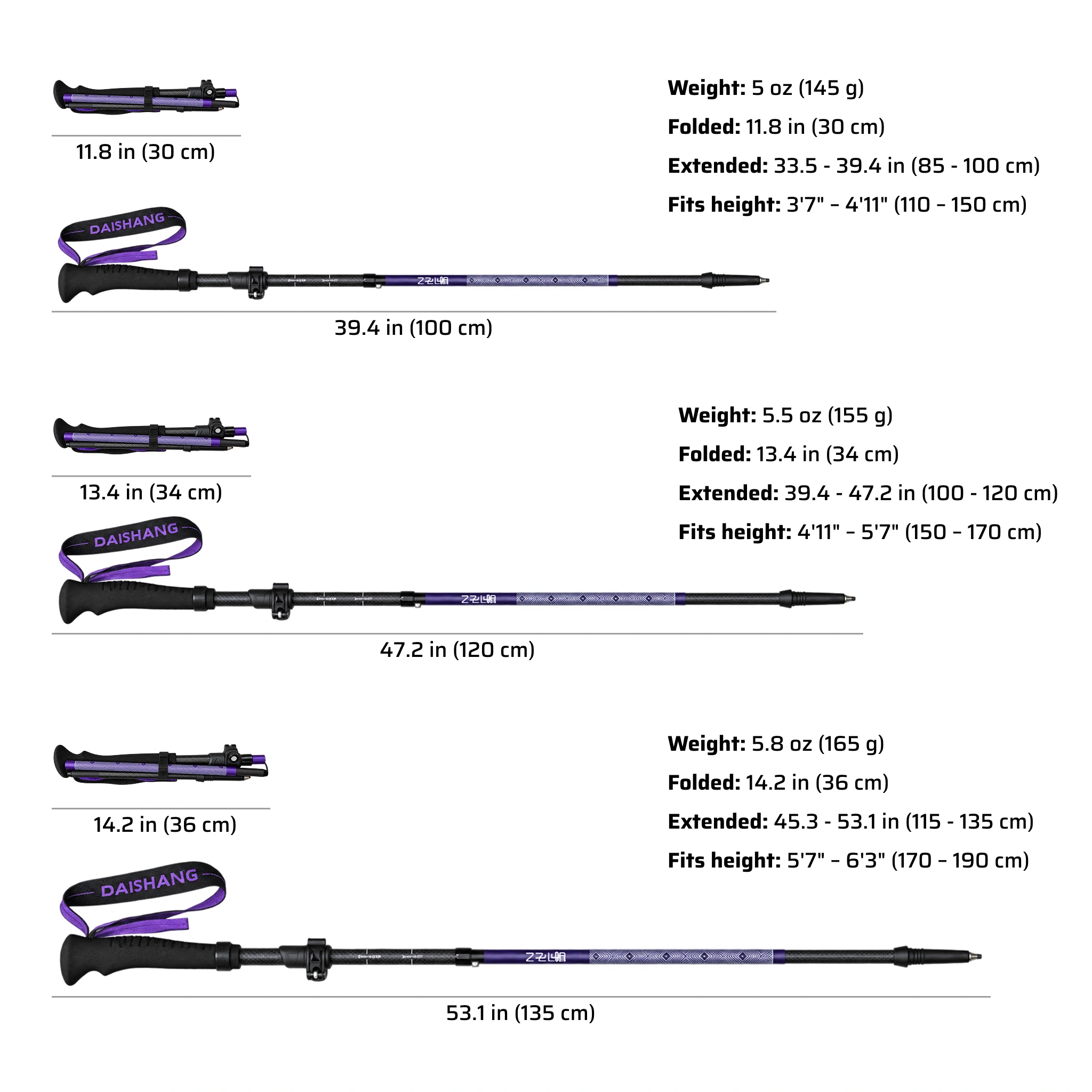 Size chart for three adjustable lengths, folded dimensions and weights per pole; imperial and metric measurements.