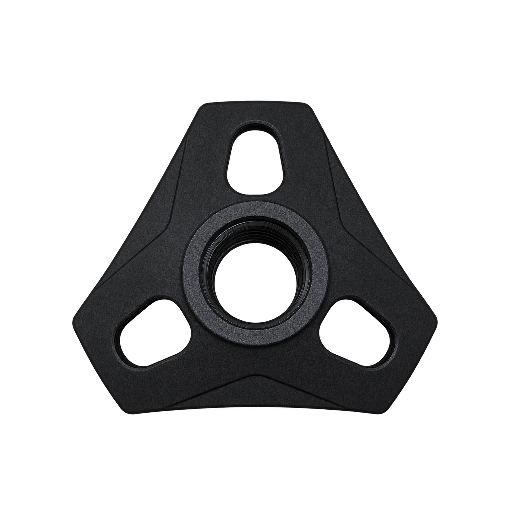 Black trekking pole mud basket with a threaded center and three openings.